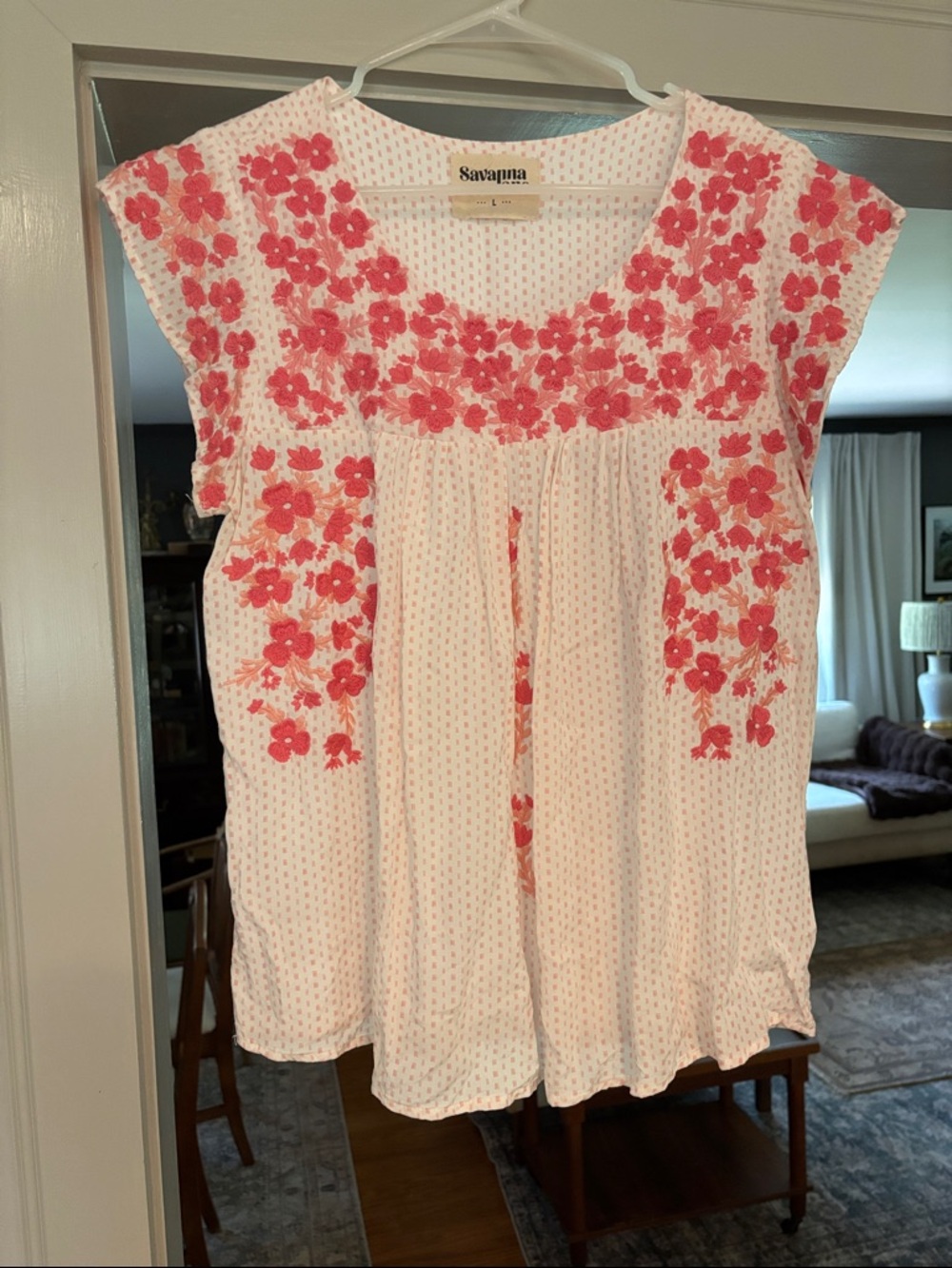 Savannah Jane White Blouse with Coral Floral Embroidery